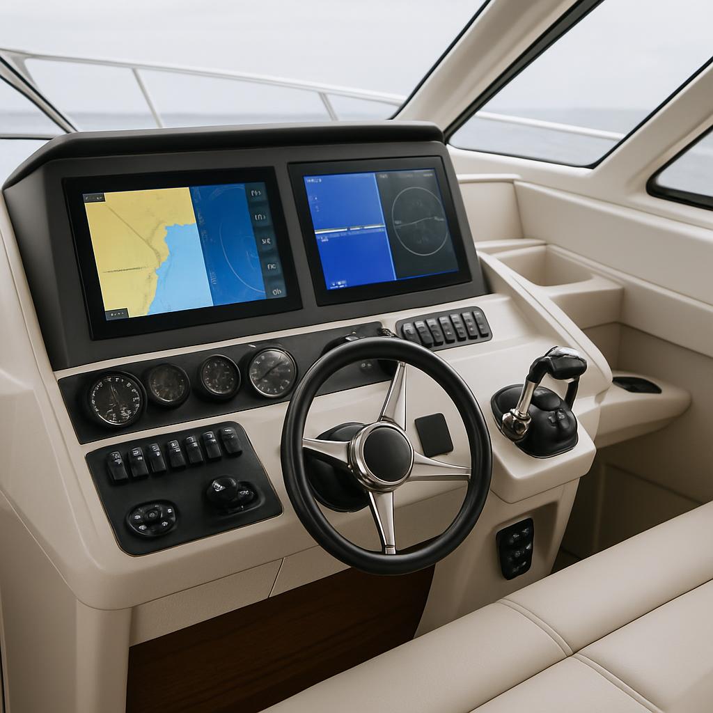 The alt text is: -"Inside of a yacht with integrated electronics and a white interior ".