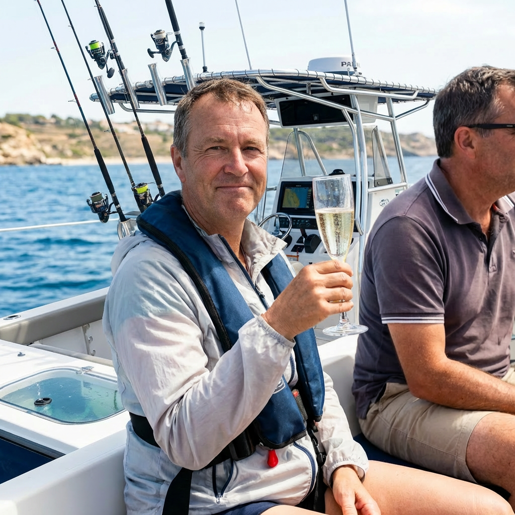 A laughing woman in a sun hat holding a glass of champagne on a boat.